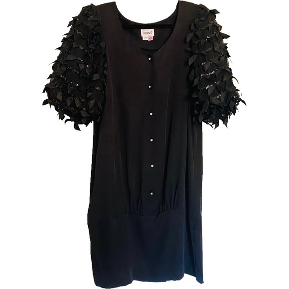 Vintage Dresses & Skirts - Vintage 1980s 1990s Steena Puffy Sleeves Black Dress Size Medium